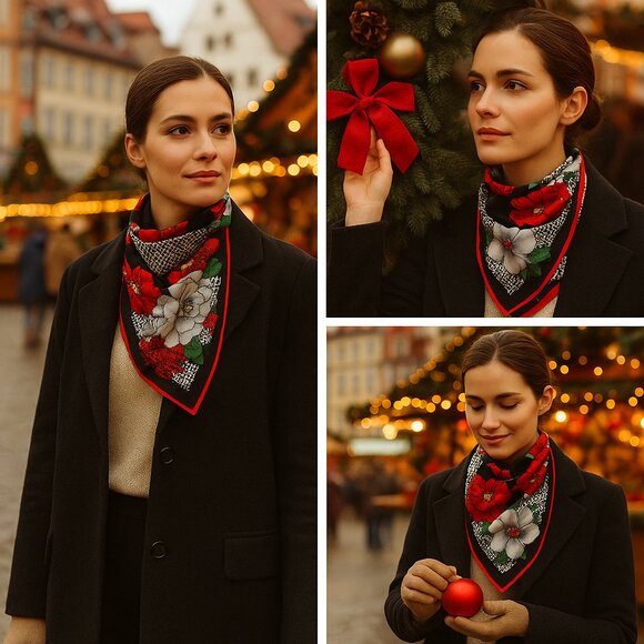 Vintage Floral Silk-Blend Scarf — Black Red & Gray | Designer-Quality 80s/90s - Picture 1 of 12